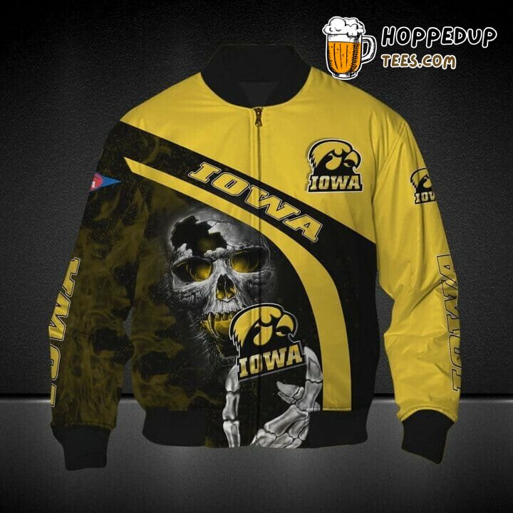 Iowa Hawkeyes NCAA Bomber Jacket with Black Gold Skull Graphic
