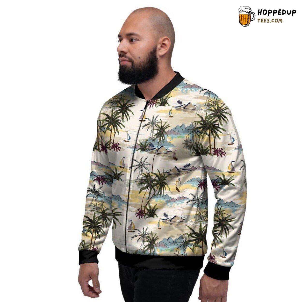 Island Inspired Tropical Palm Lead Men’s Bomber Jacket Lush Greenery Design