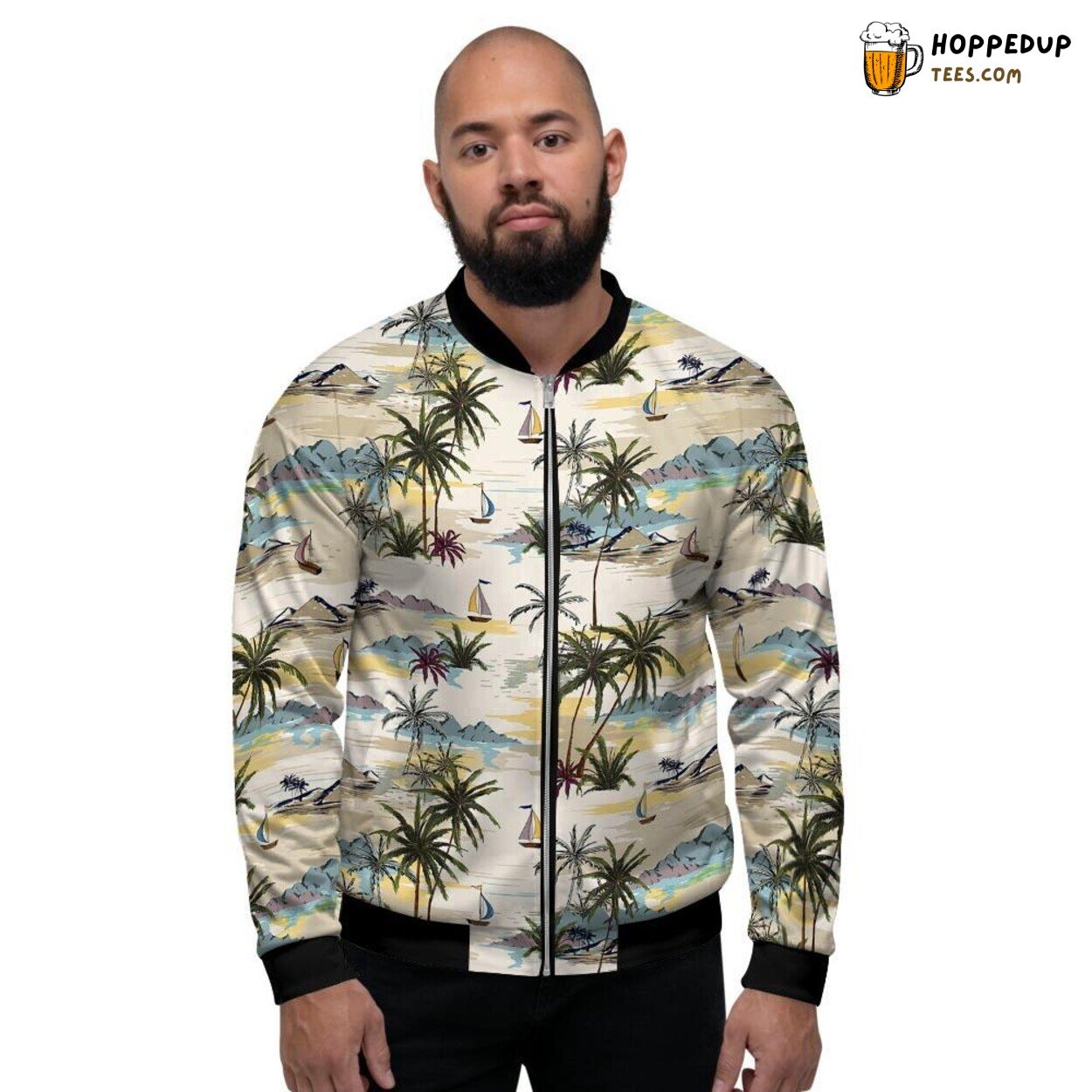 Island Inspired Tropical Palm Lead Men’s Bomber Jacket Lush Greenery Design