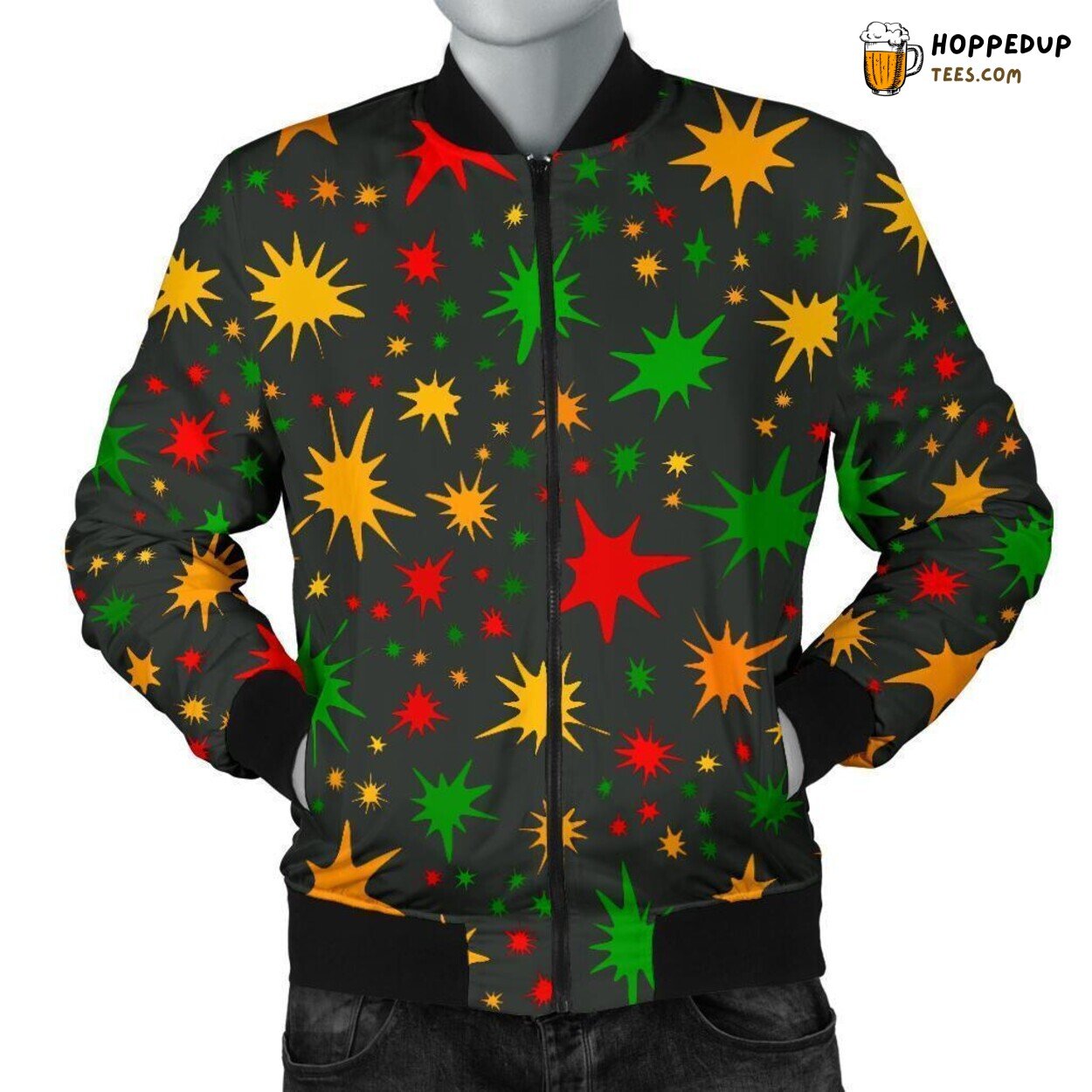 Jamaican Colorful Rhythms Men’s Bomber Jacket Unique Pattern Design Display