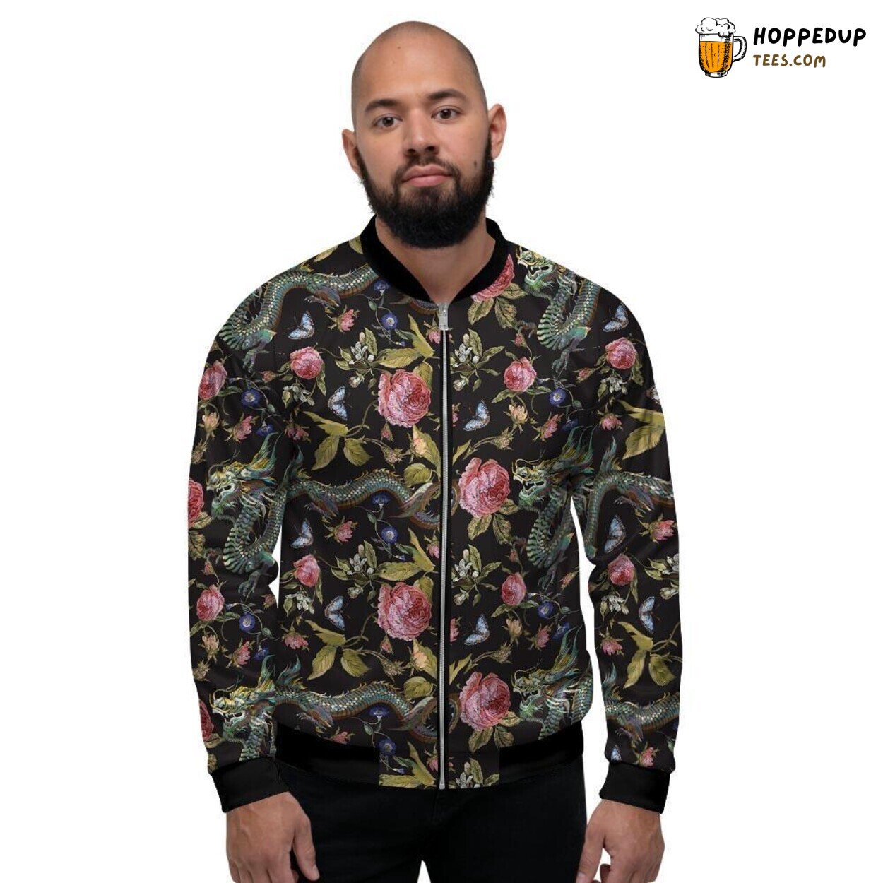 Japanese Culture Floral Dragon Display Men’s Bomber Jacket Mythical Creature Design