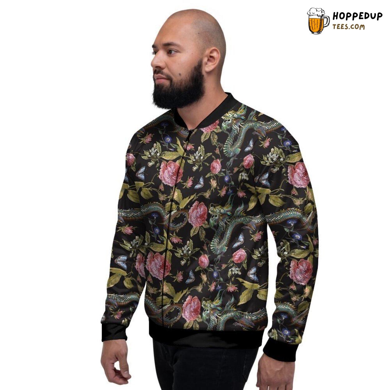 Japanese Culture Floral Dragon Display Men’s Bomber Jacket Mythical Creature Design