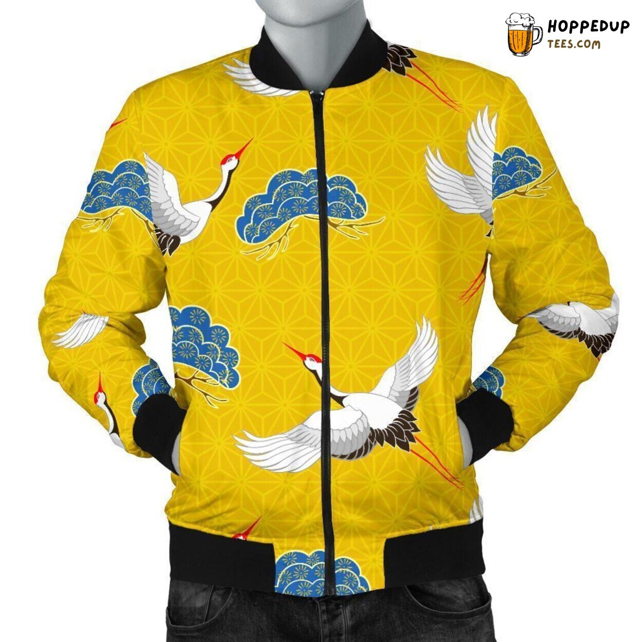Japanese Inspired Heron Men’s Bomber Jacket Unique Pattern Design Display