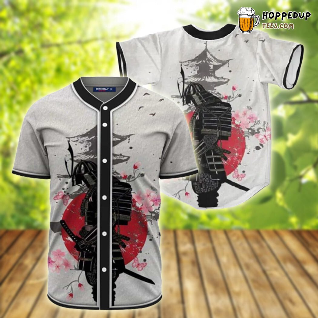Japanese Samurai Warrior Temple & Sakura Baseball Tee Jersey Shirts 3D