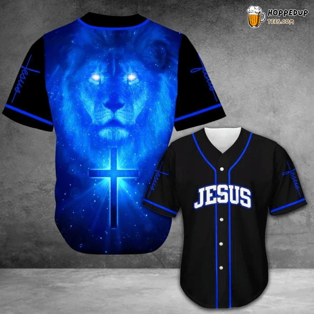 Jesus as Lion King Blue Black Art Baseball Jersey Tee Design
