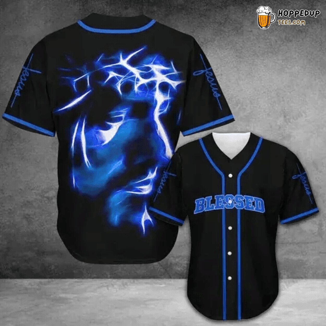 Jesus Blessed Blue Light Baseball Tee Jersey Shirt Printed 3D