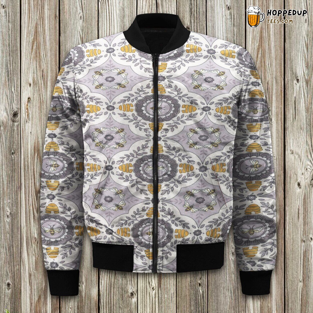 Joyful Bee Theme Winter Bomber Jacket Tailored Unique Elegance Craft Design