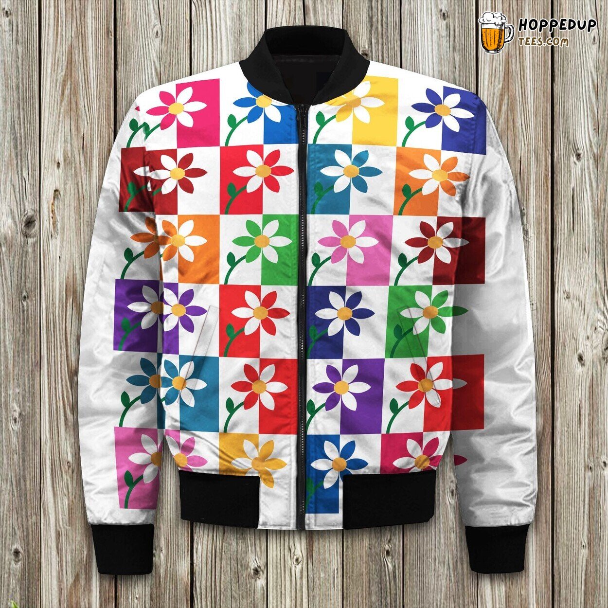 Joyful Colorful Daisy Design Winter Bomber Jacket Nature’s Fashion Touch
