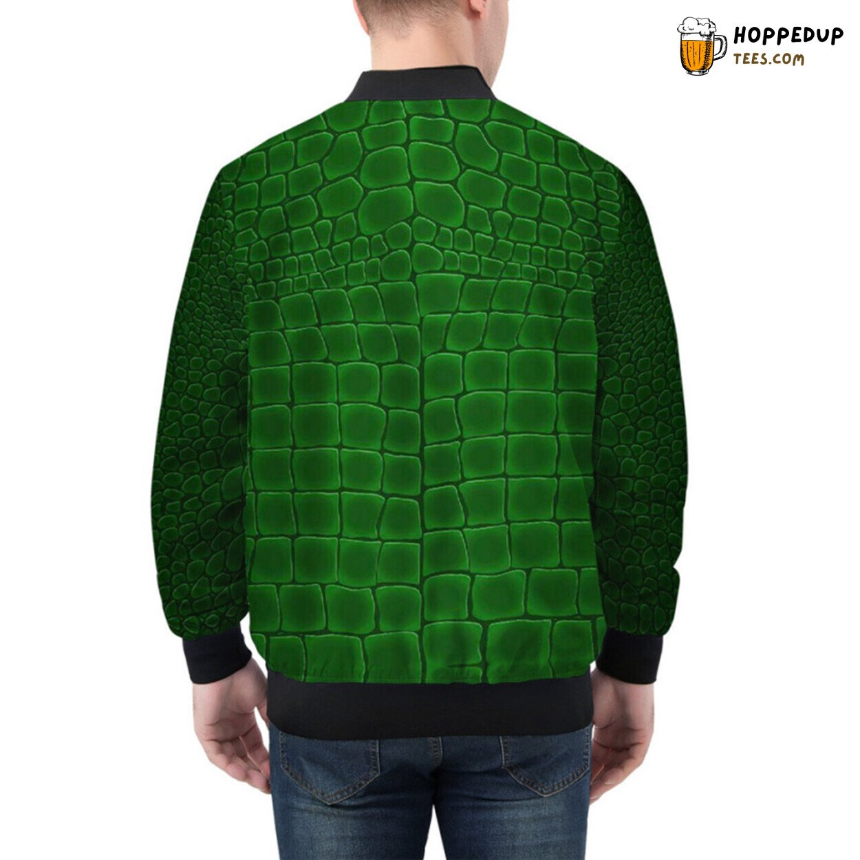 Jungle Green Alligator Skin Pattern Enhancing Bomber Jacket Appeal