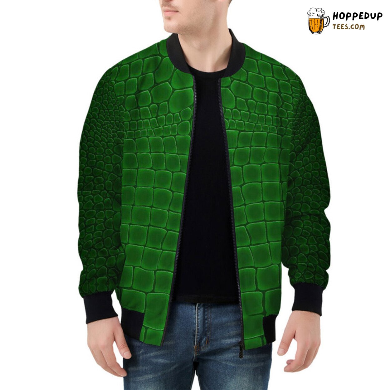 Jungle Green Alligator Skin Pattern Enhancing Bomber Jacket Appeal