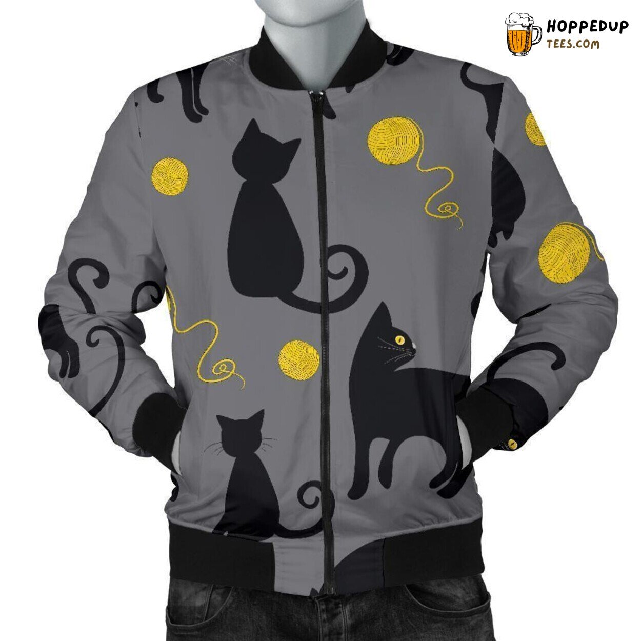 Knitted Black Cat Tribute Men’s Bomber Jacket Unique Pattern Essence Art