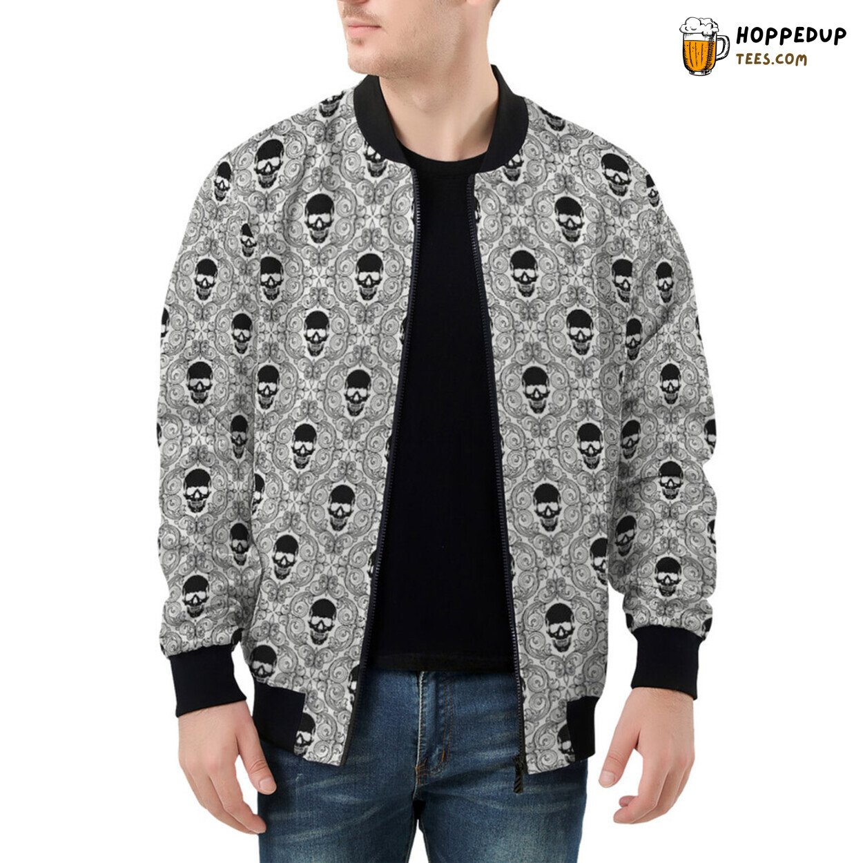 Lace Patterns Weave Skull Tales on Men’s Bomber Jacket Fabric