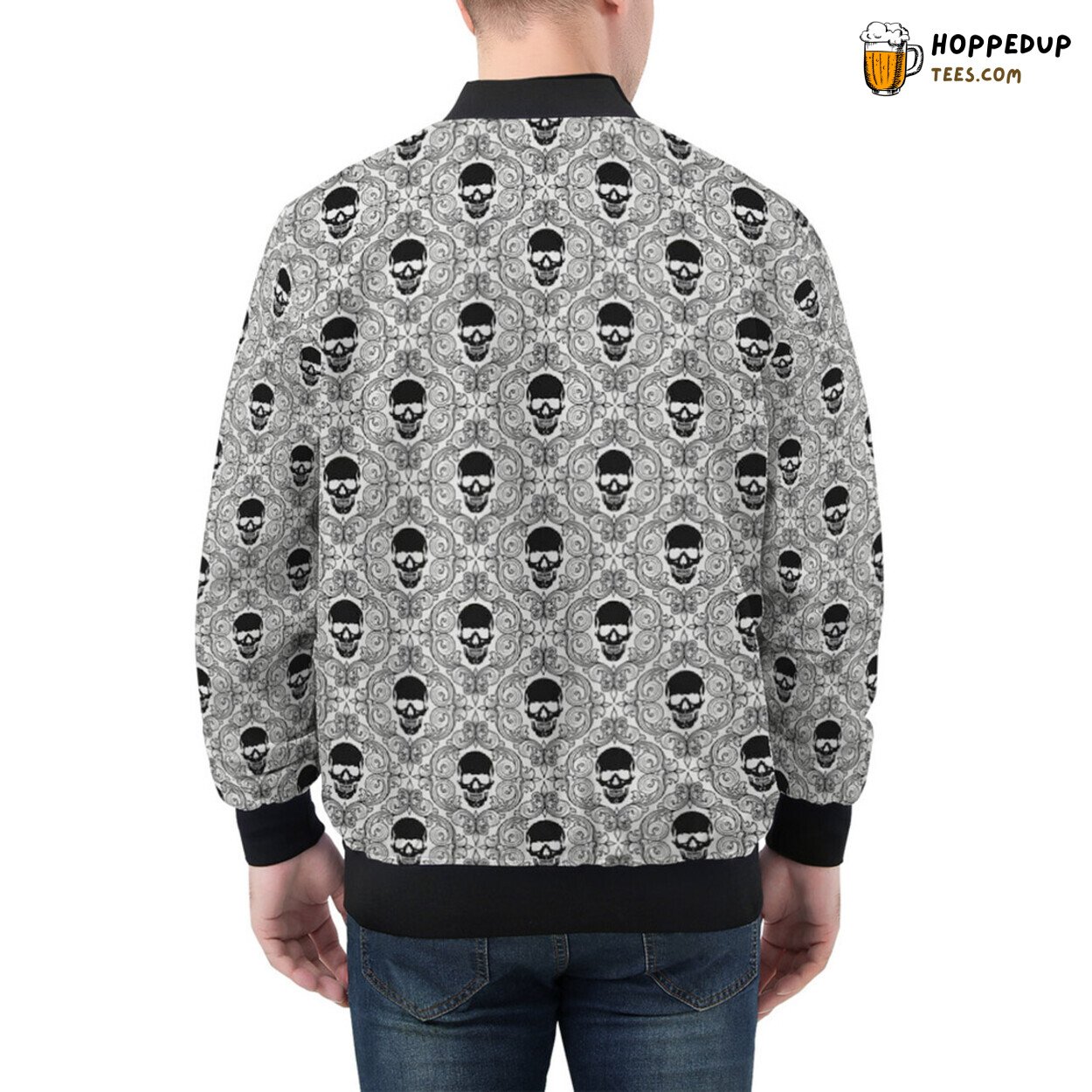 Lace Patterns Weave Skull Tales on Men’s Bomber Jacket Fabric