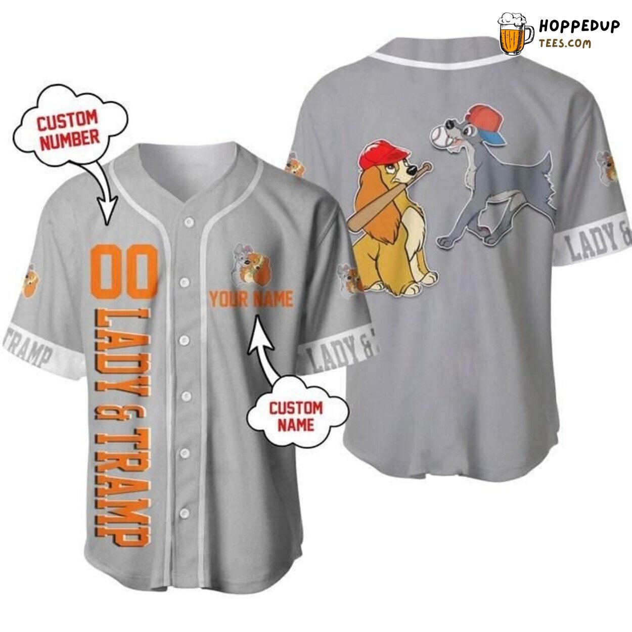 Lady And The Tramp Dogs Disney Gray Orange Baseball Jersey Love