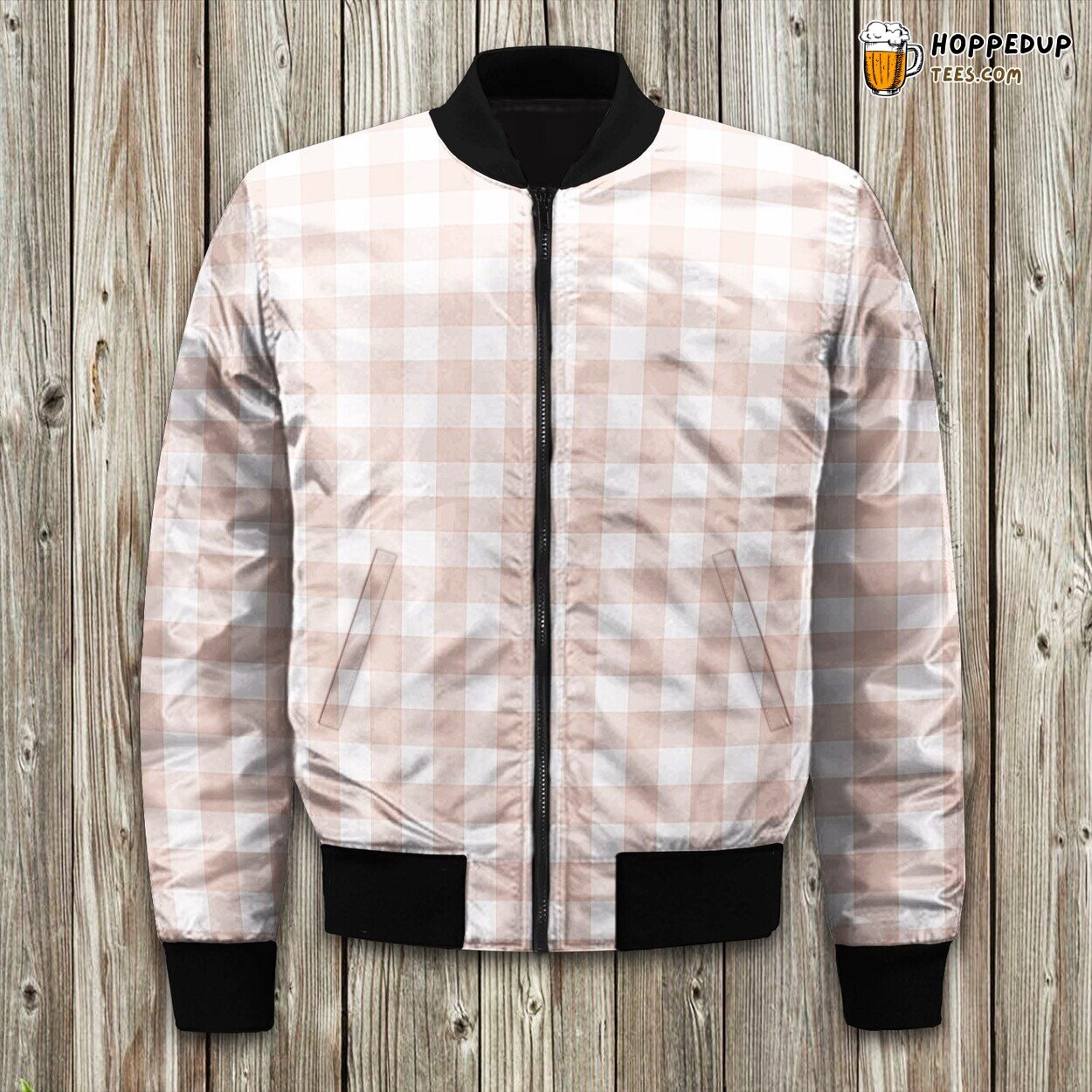 Large Blush Pink Buffalo Check Gingham Bomber Jacket