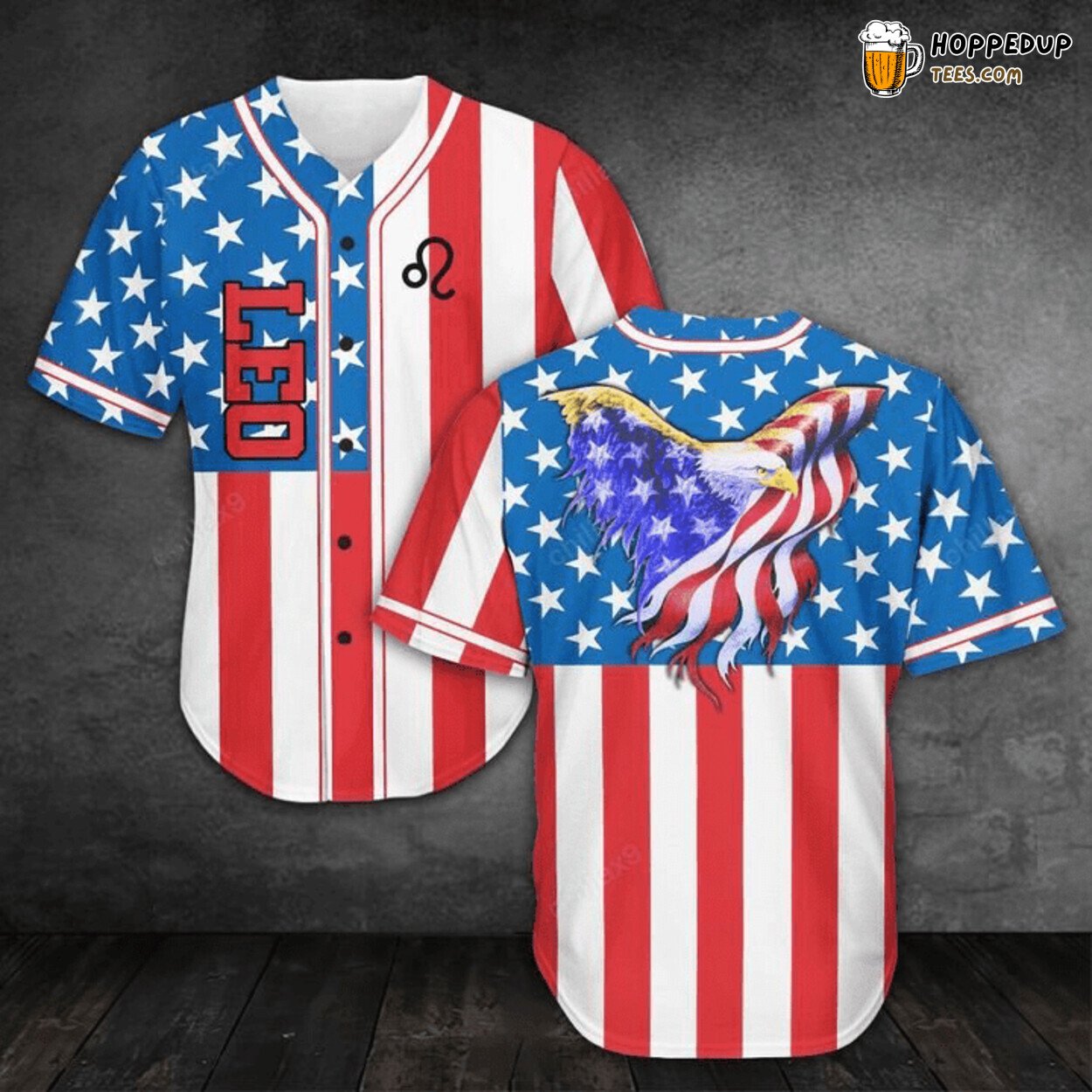 Leo Zodiac and Eagle US Flag Baseball Tee Jersey Shirts 3D