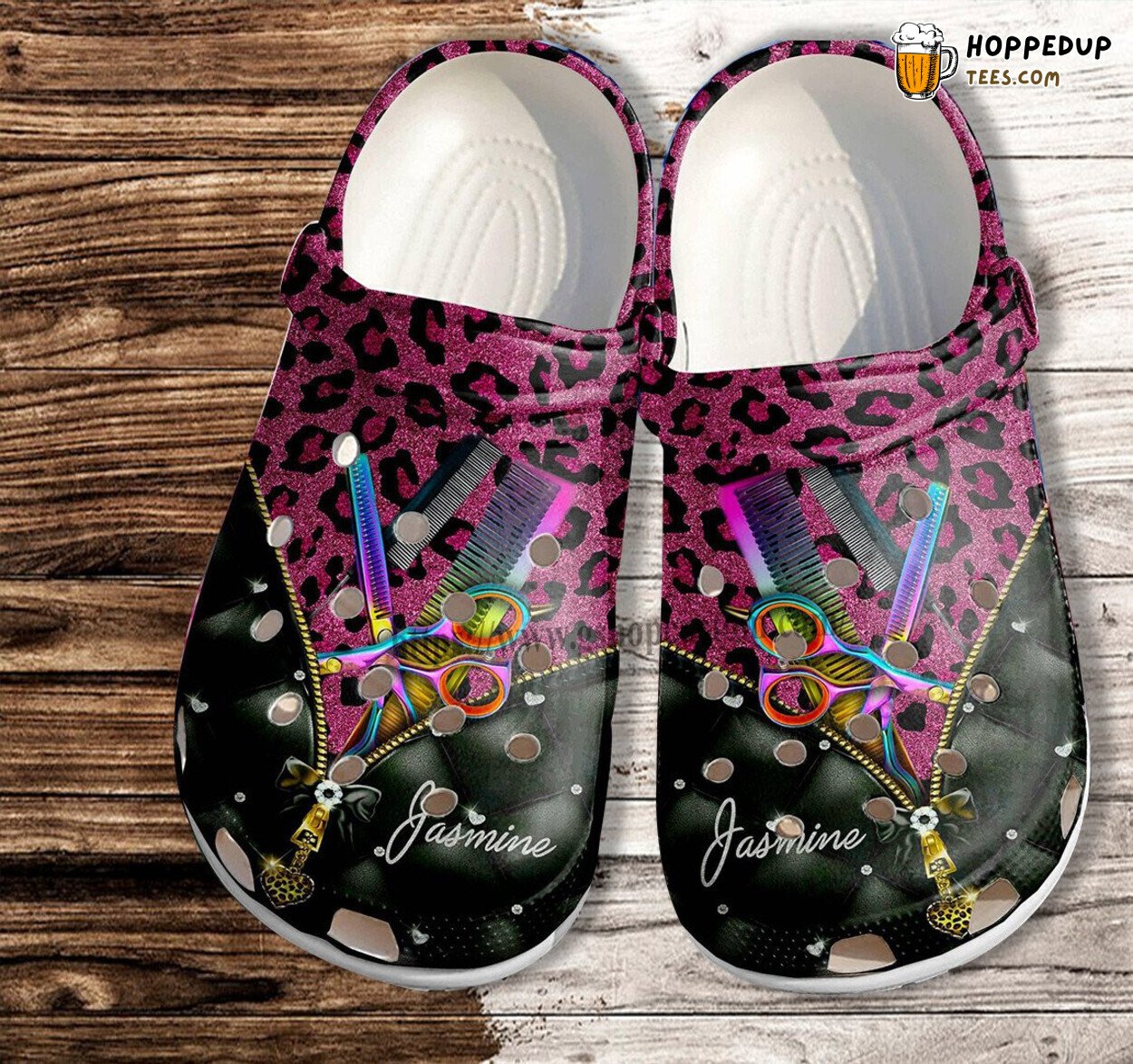 Leopard Pink Twinkle Hair Stylist Girl Women Croc Shoes Custom
