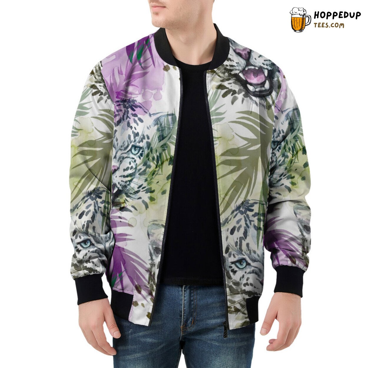 Leopards Lurk Amongst Tropical Greens on Men’s Bomber Jacket
