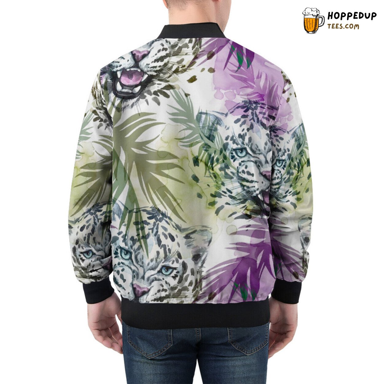 Leopards Lurk Amongst Tropical Greens on Men’s Bomber Jacket