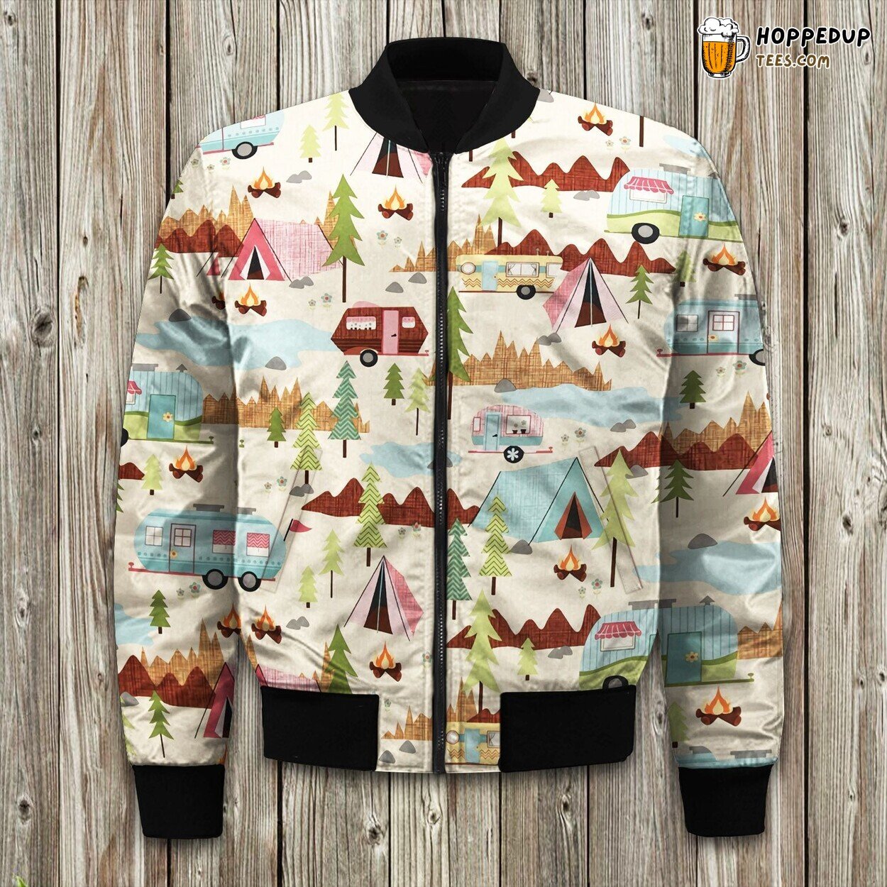 Lets Go Camping Beige Bomber Jacket