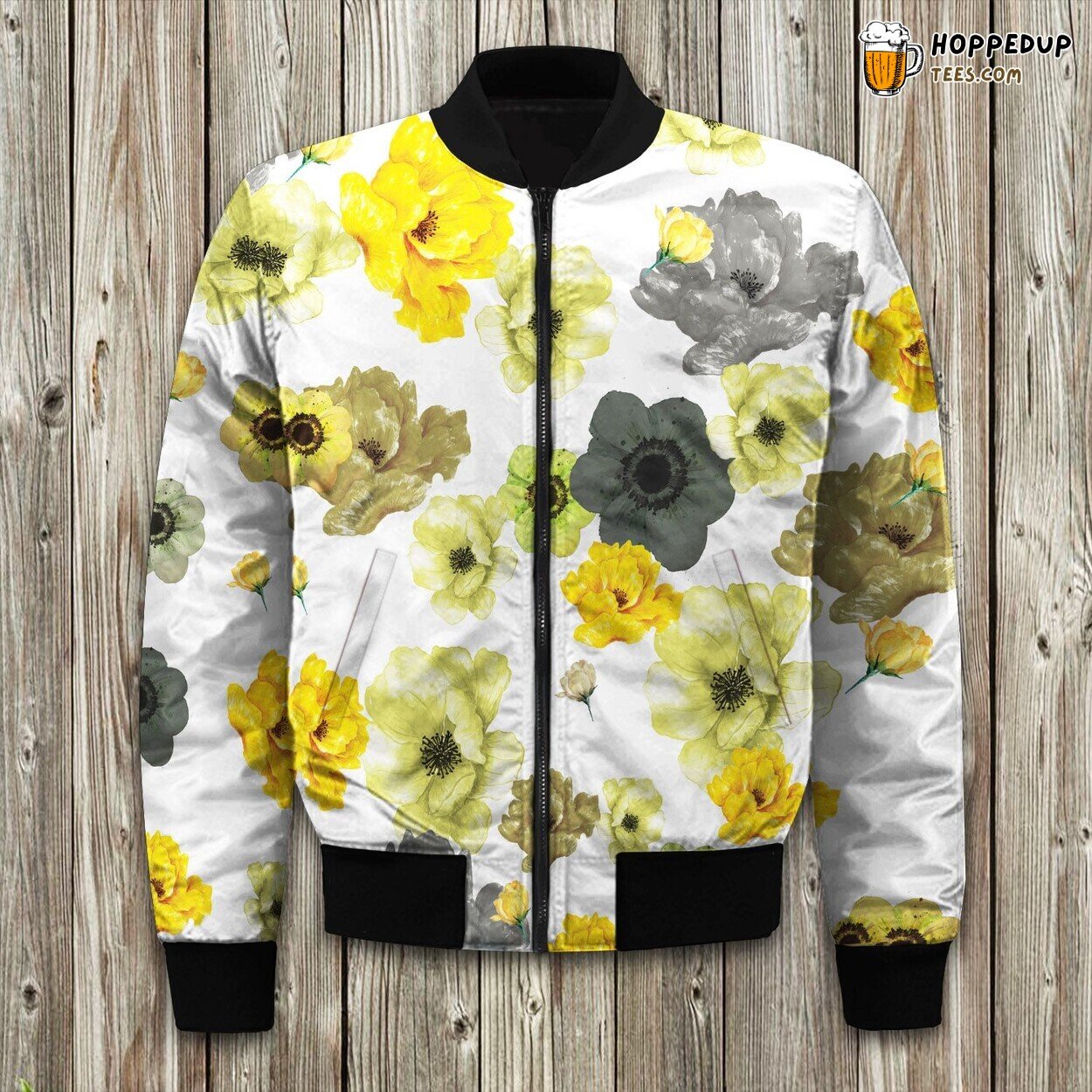 Levine Grey And Yellow Floral Bomber Jacket