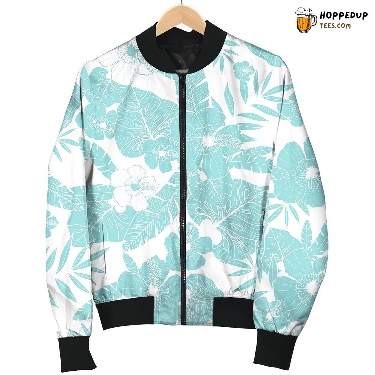 Light Blue Drawing Tropical Summer Hawaiian Bomber Jacket