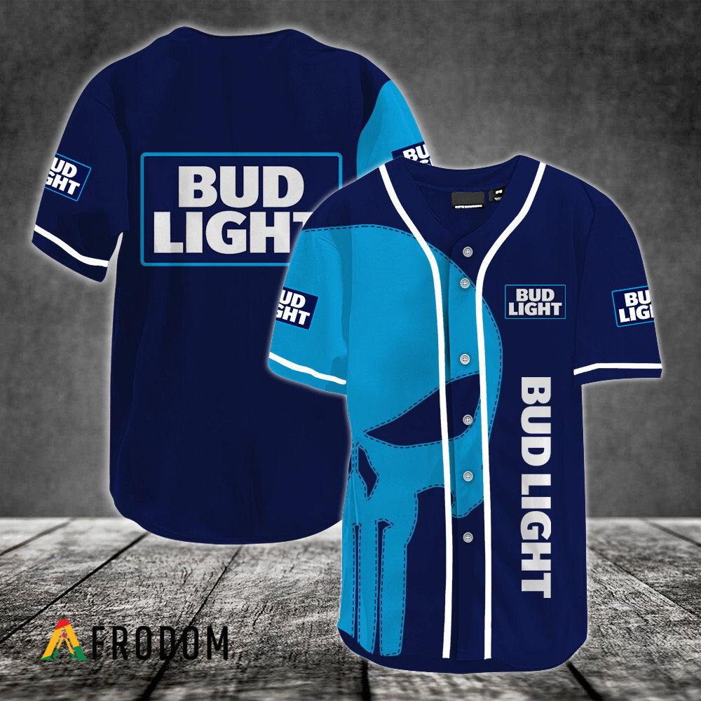 Light Blue Skull Bud Light Beer Baseball Jersey HU