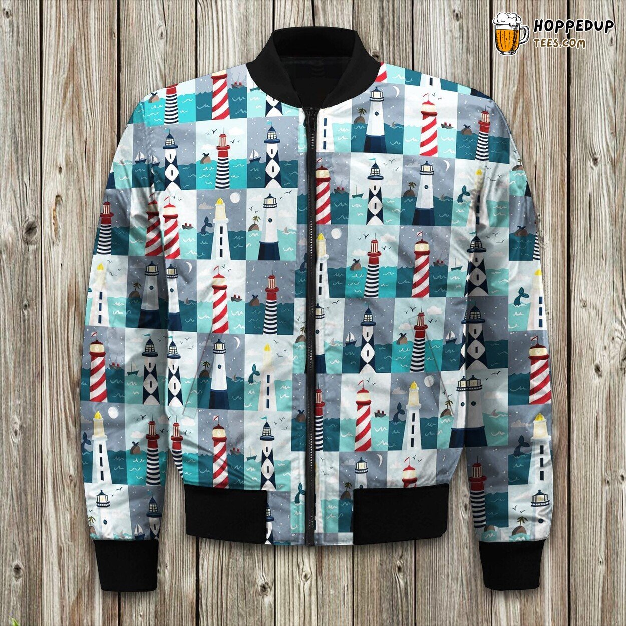 Lighthouse Amidst the Sea Winter Bomber Jacket Designer Elegance