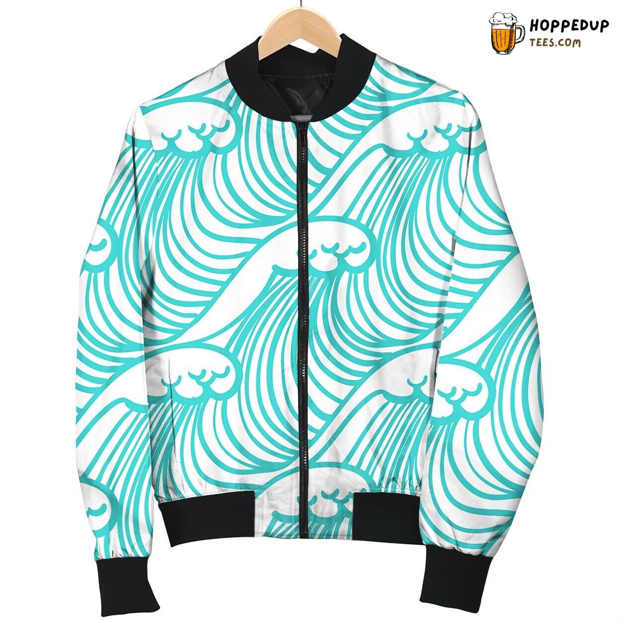 Linear Pattern In Tropical Aqua Blue With Waves Bomber Jacket