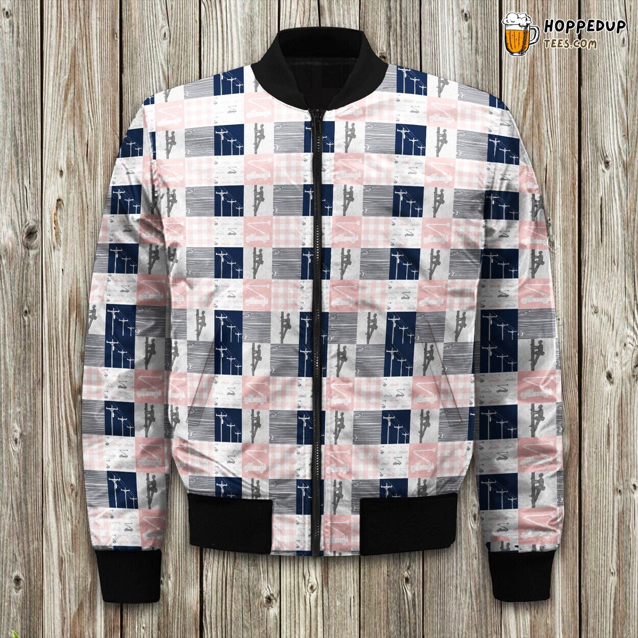 Lineman Pink And Navy Patchwork Bomber Jacket