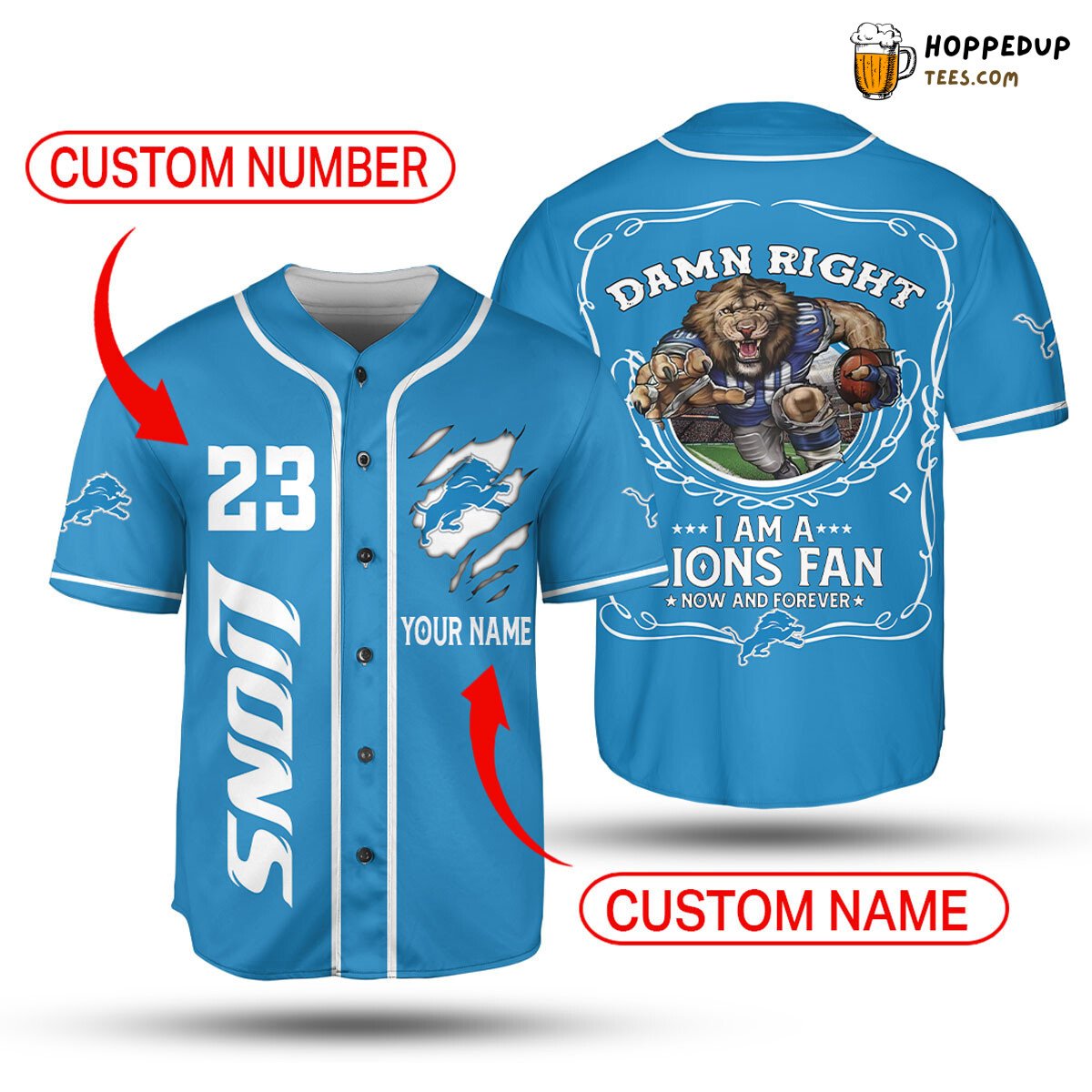 Lions Blue Number Custom Unisex Baseball Jersey Detroit Fierce