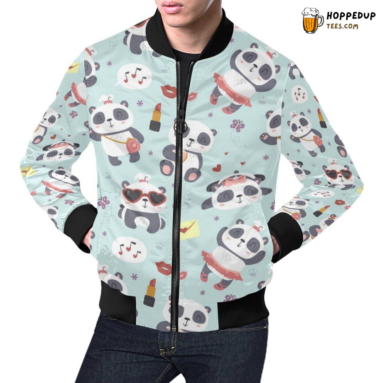 Lips Panda Pattern Print Men’s Bomber Jacket Unique Fashionable