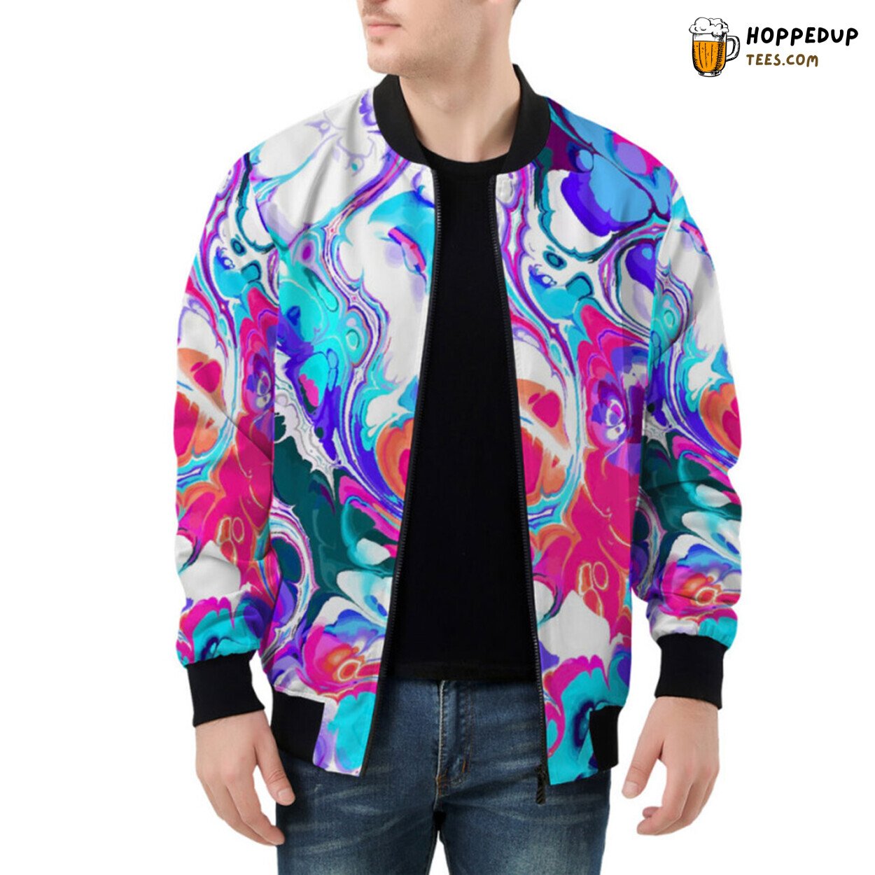 Liquid Flowing Artistic Ink Patterns Adorning a Stylish Bomber Jacket