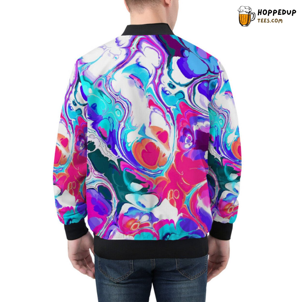 Liquid Flowing Artistic Ink Patterns Adorning a Stylish Bomber Jacket
