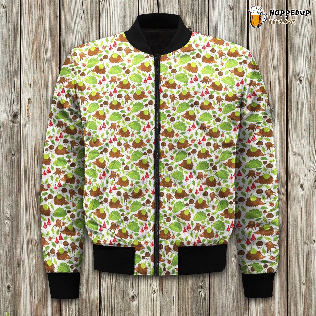 Little Hedgehog And Forest Texture Seamless Bomber Jacket