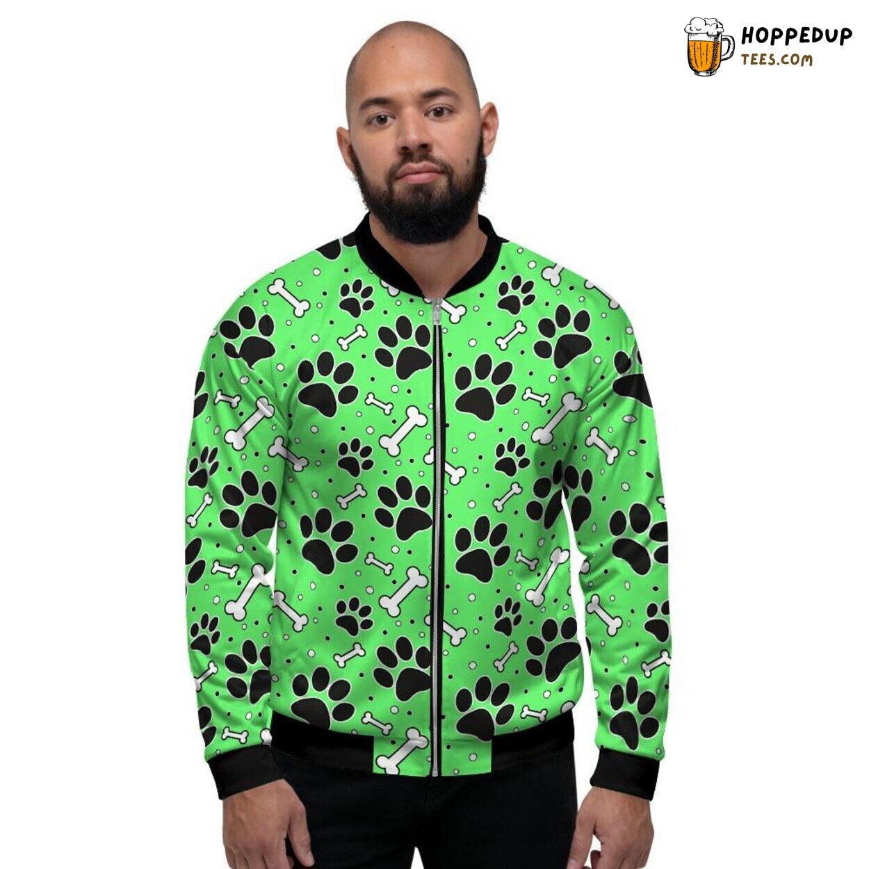 Lively Green Paw Pattern Men’s Bomber Jacket Animal Lover Fashion Display