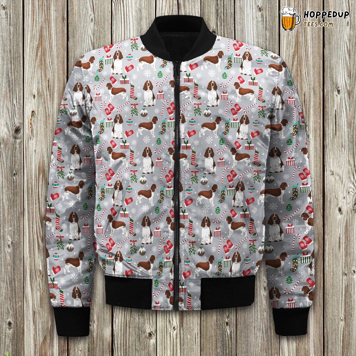 Liver English Springer Spaniel Dog Fabric Christmas Background With Xmas Sock Mistletoe Santa Gift Bomber Jacket