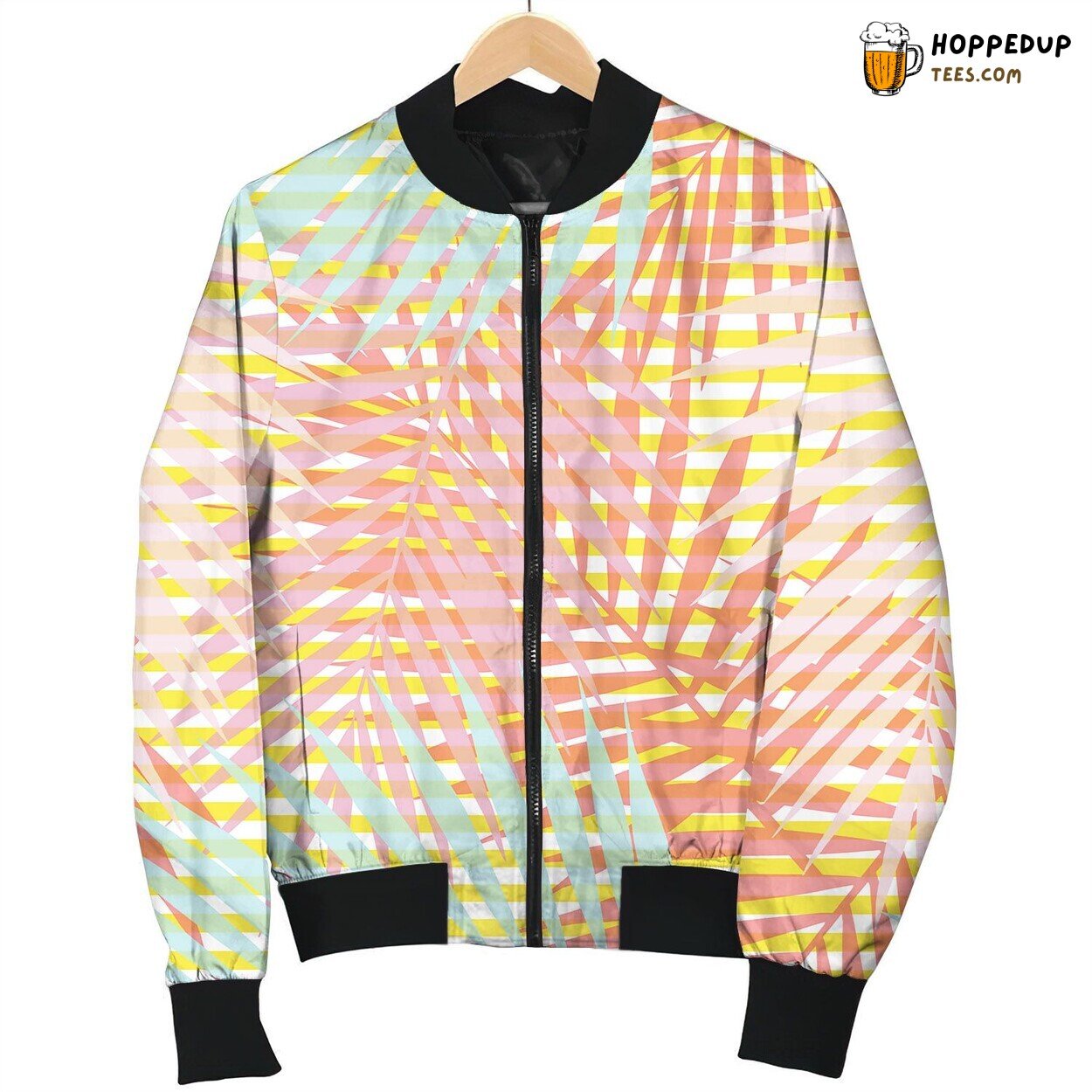 Living Coral Striped Tropical Palm Leaves Bomber Jacket