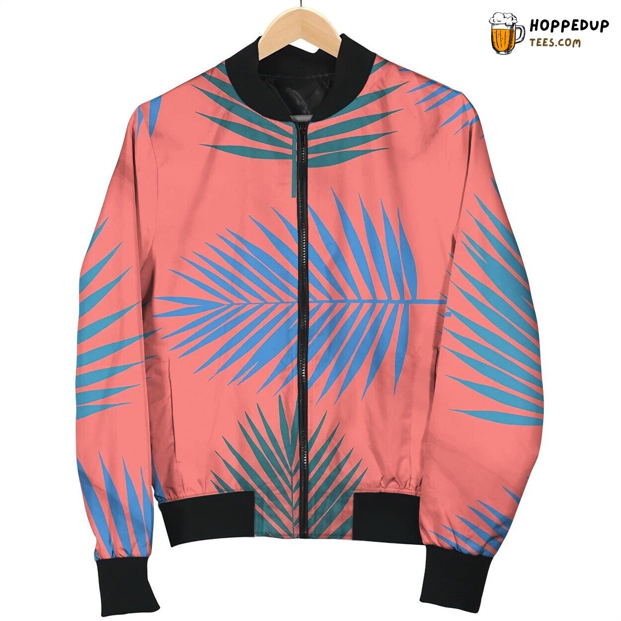 Living Coral Tropical Palm Leaves Seamless Bomber Jacket