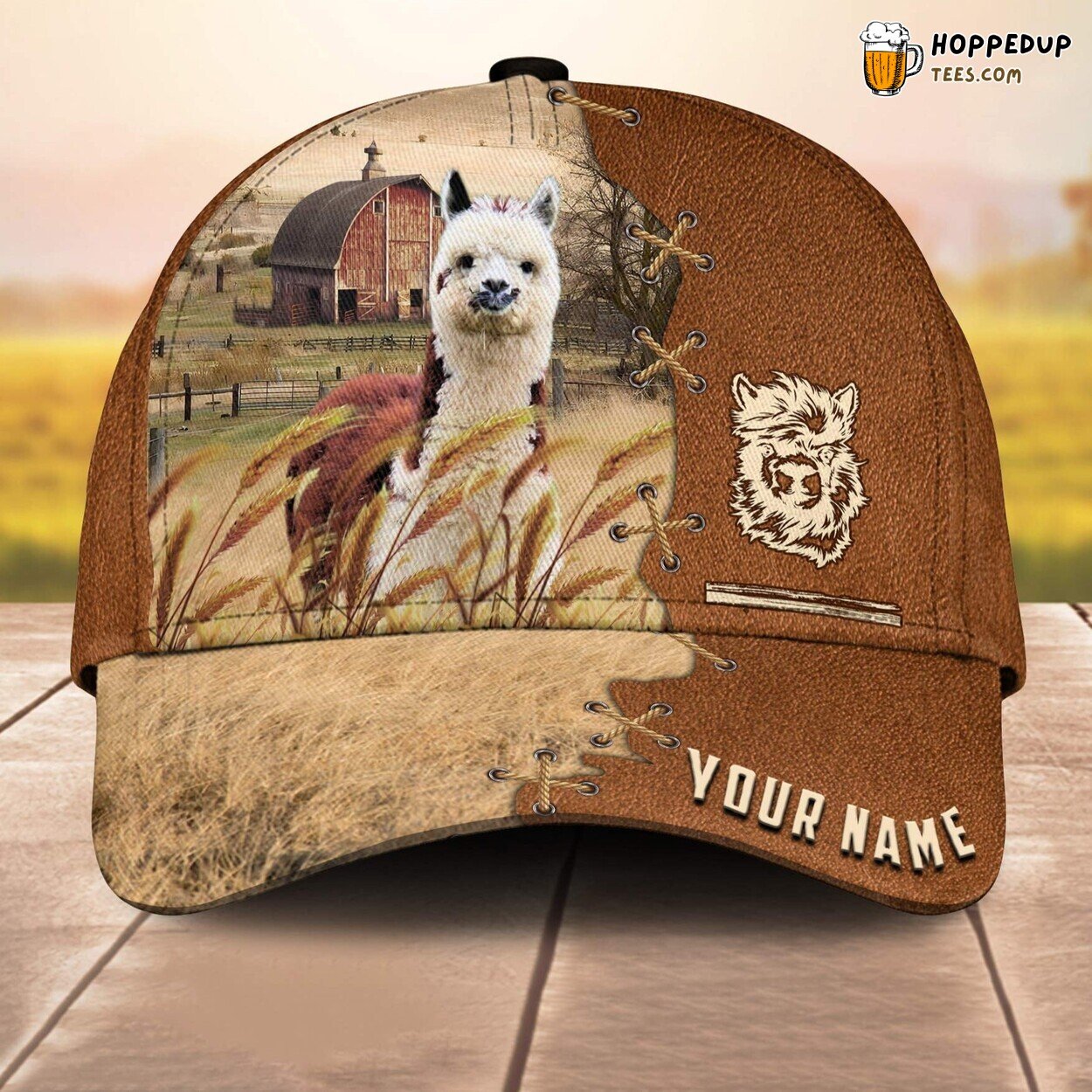 Llama Brown Leather Pattern Name 3D Cap Baseball Design Farm Lovers Animal Print