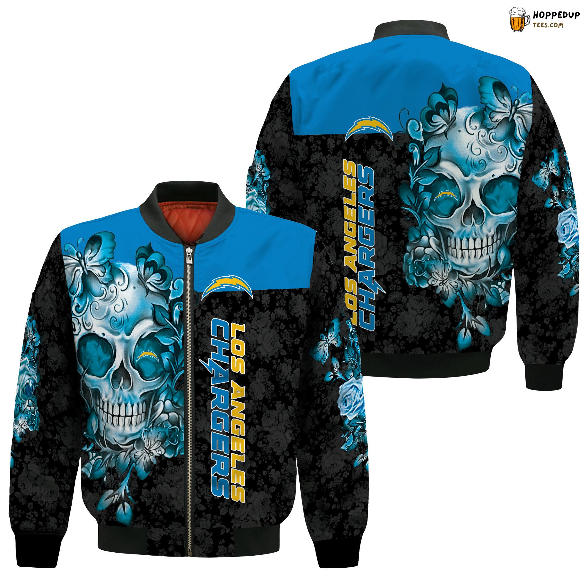 Los Angeles Chargers NFL Bomber Jacket Black Blue Skull Design