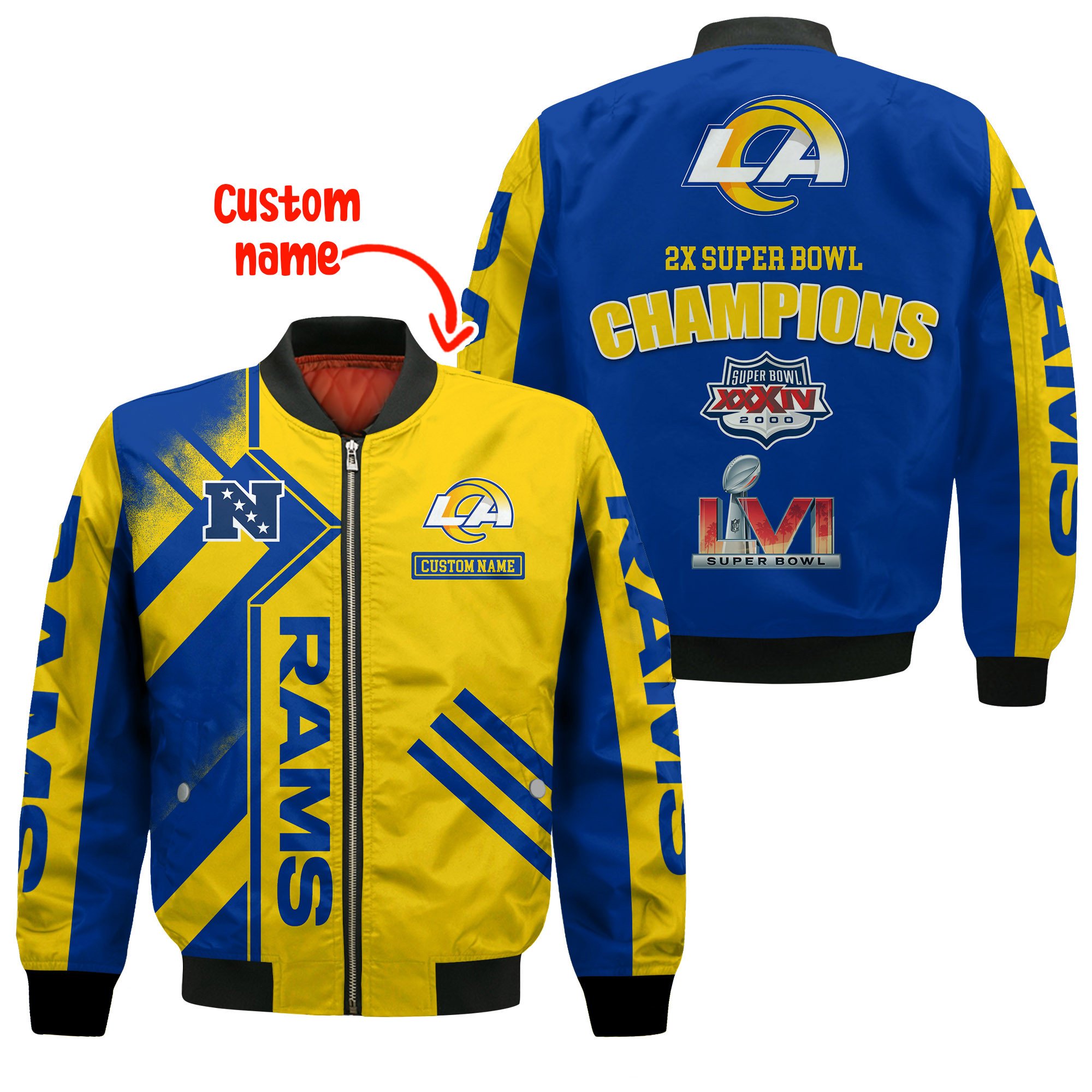 Los Angeles Rams Double Super Bowl LVI Custom Name Bomber Jacket NFL Fan Gifts