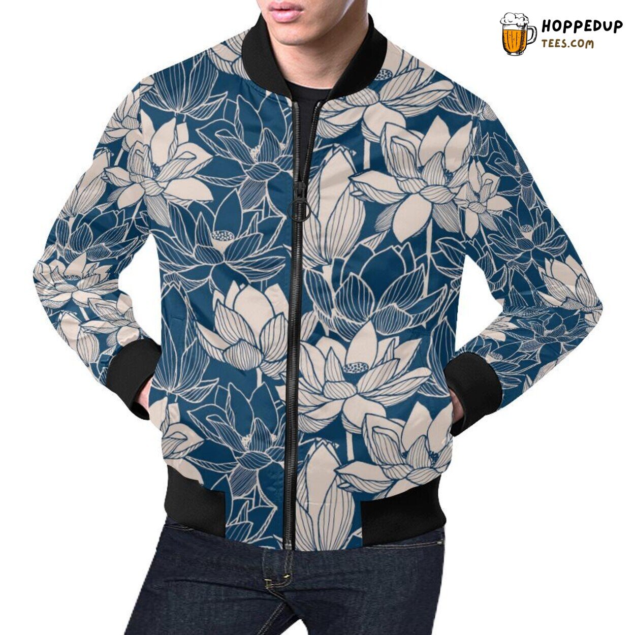 Lotus Peaceful Floral Men’s Bomber Jacket Nature Inspired Elegant Design Statement