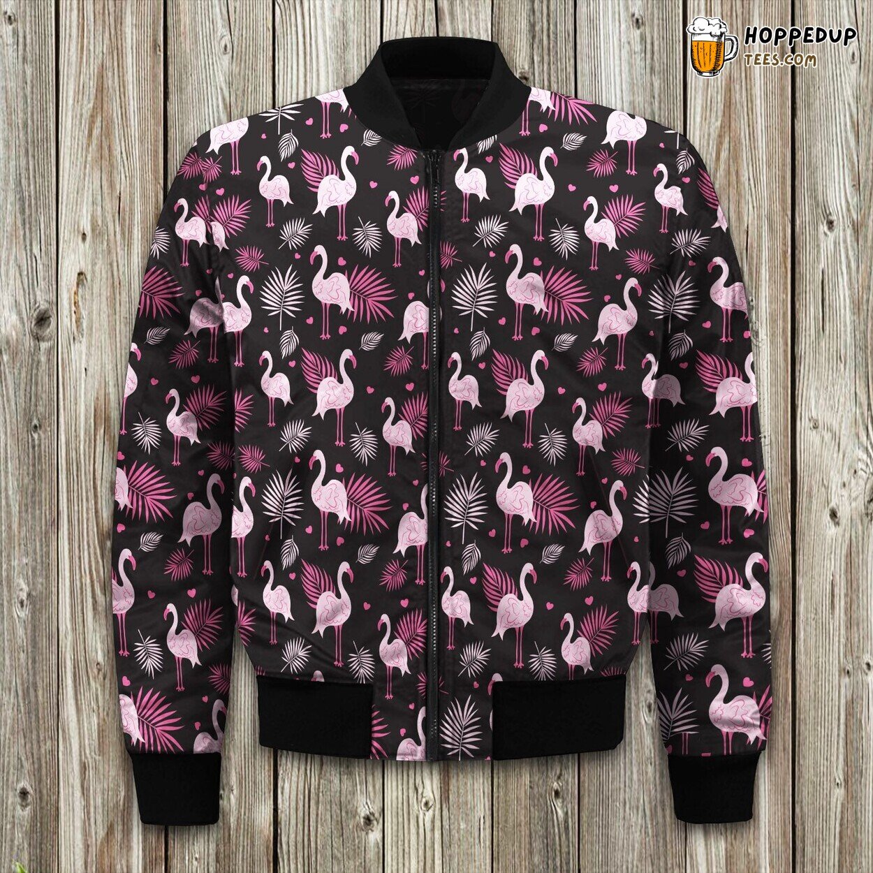Love Flamingo Drawing With Pink Palm Leaves And Little Heart Bomber Jacket