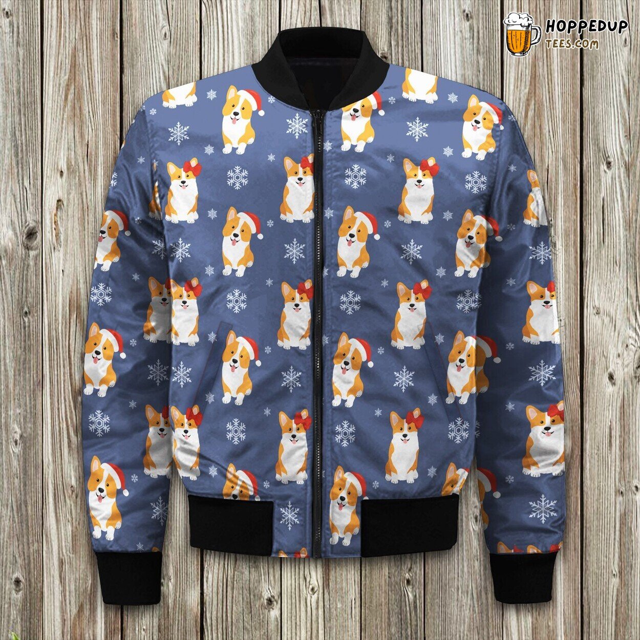 Lovely Christmas Corgi On Snow Background Bomber Jacket