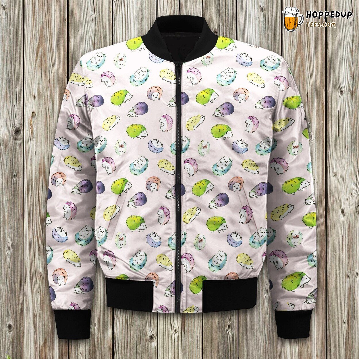 Lovely Colorful Drawing Hedgehog On Pink Background Bomber Jacket
