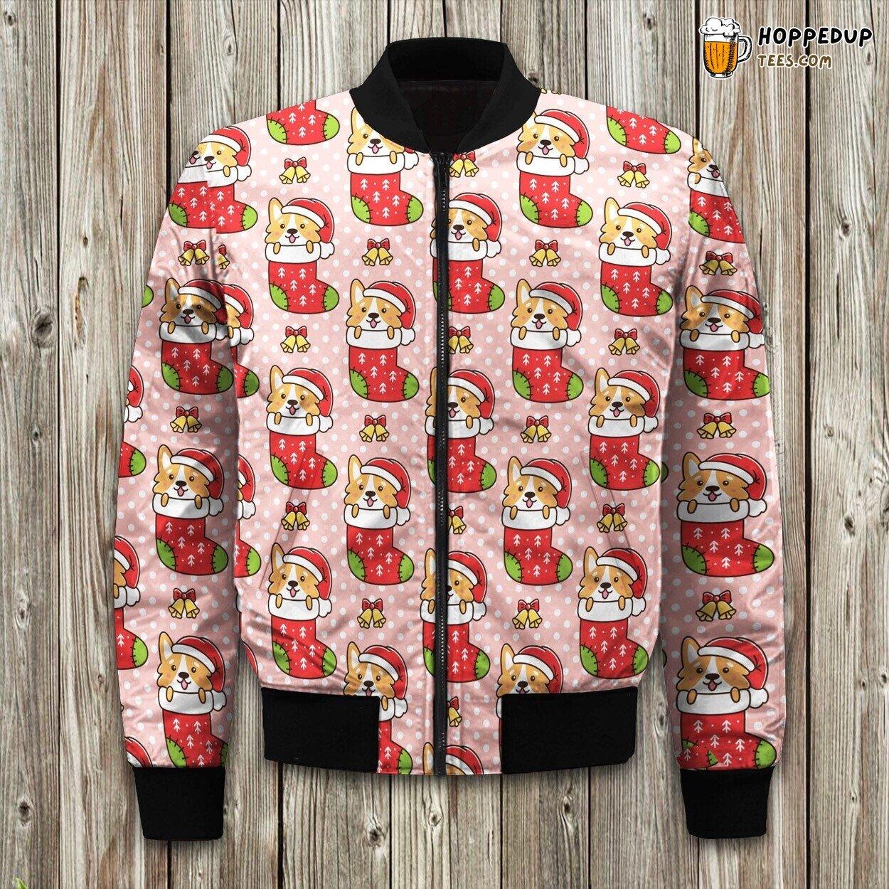 Lovely Cute Corgi Wearing Xmas Hat In Christmas Sock On Polka Dot Background Bomber Jacket
