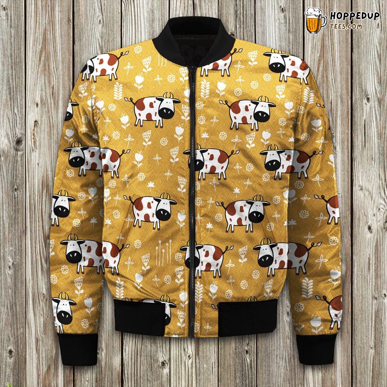 Lovely Cute Doodle Dairy Cow With Plant Background For Animals Lover Bomber Jacket
