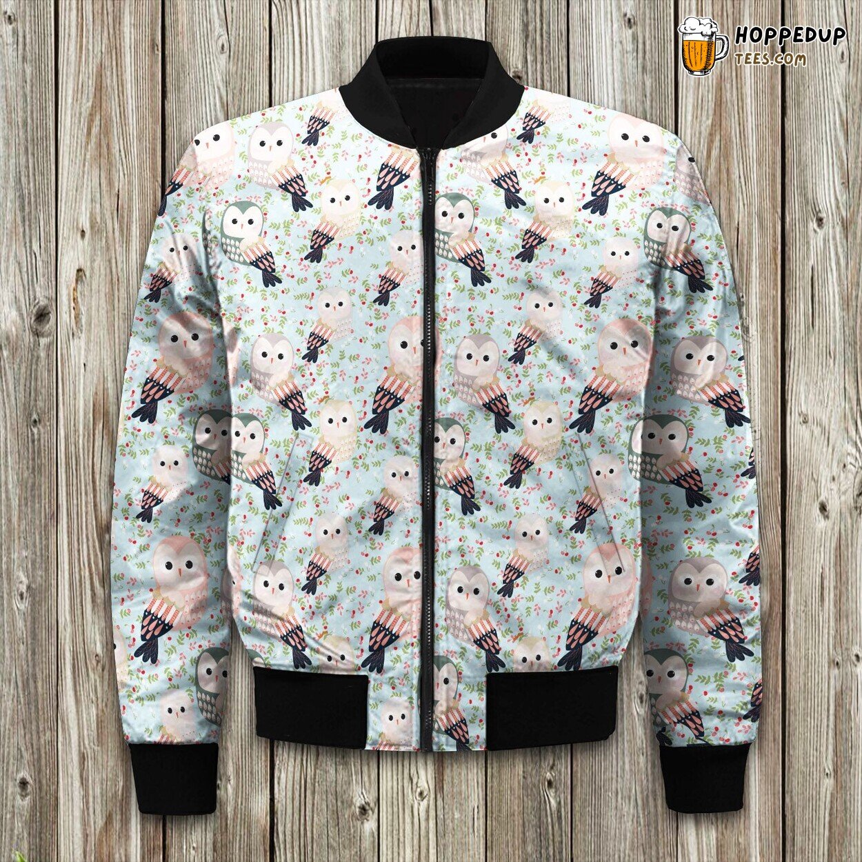 Lovely Drawing Big Owl And Little Flower Bomber Jacket