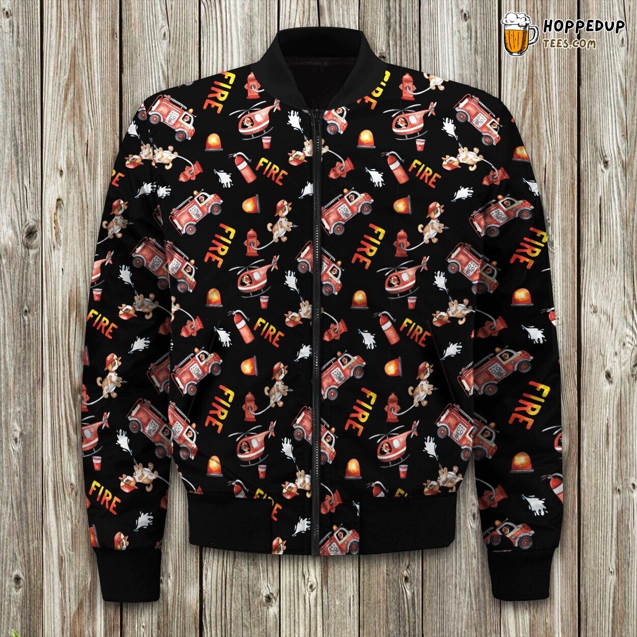 Lovely Firefighter Dog With Fire Truck Seamless Texture Bomber Jacket